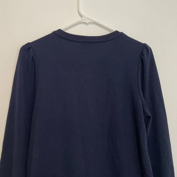 SPLENDID ANTHROPOLOGIE ANTHRO Waffle Mixed Puff Sleeve Top Navy Blue Henley Knit - Picture 12 of 14